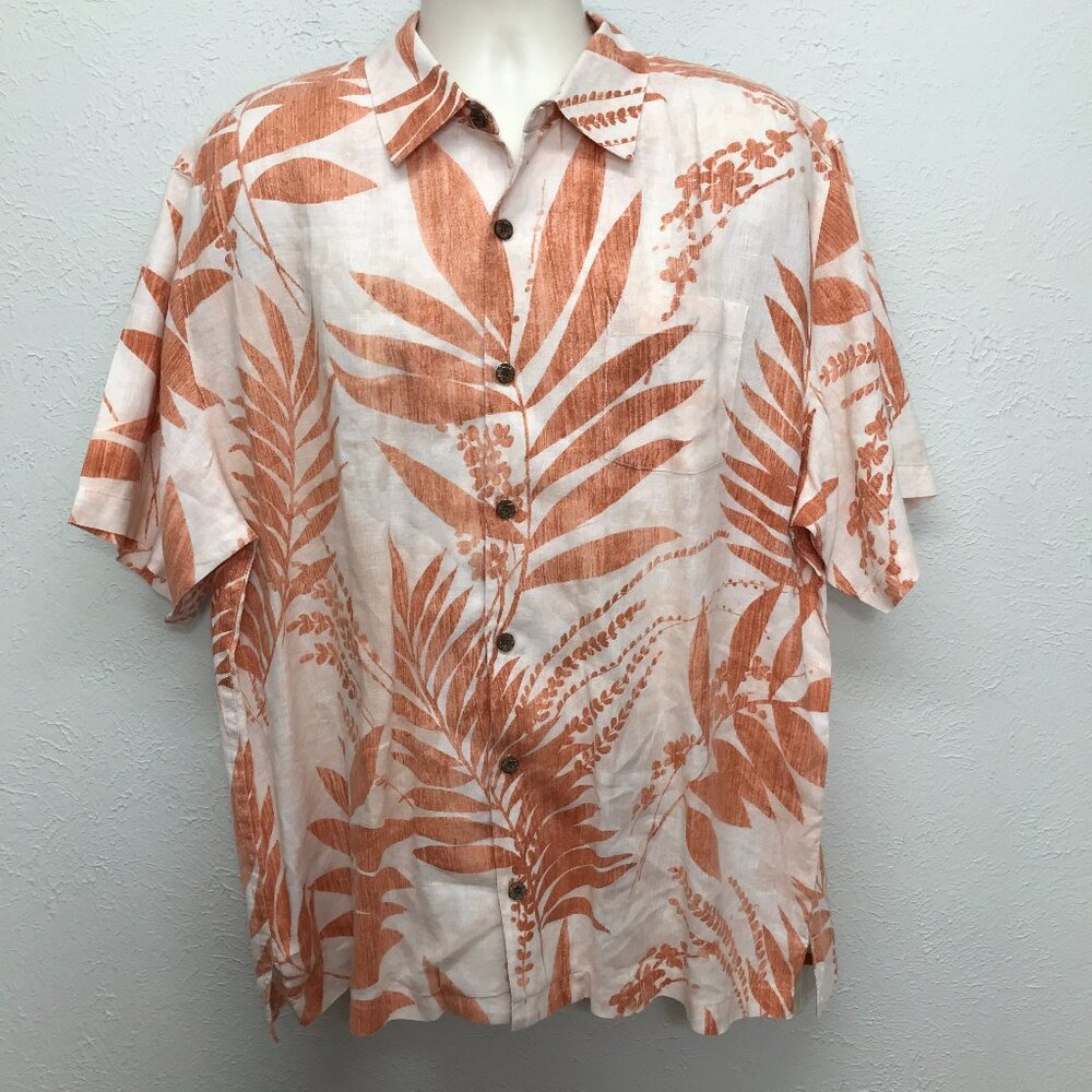 Tommy Bahama Button Shirt Mens XL Orange Linen Palm Leaf Hawaiian Short Sleeve